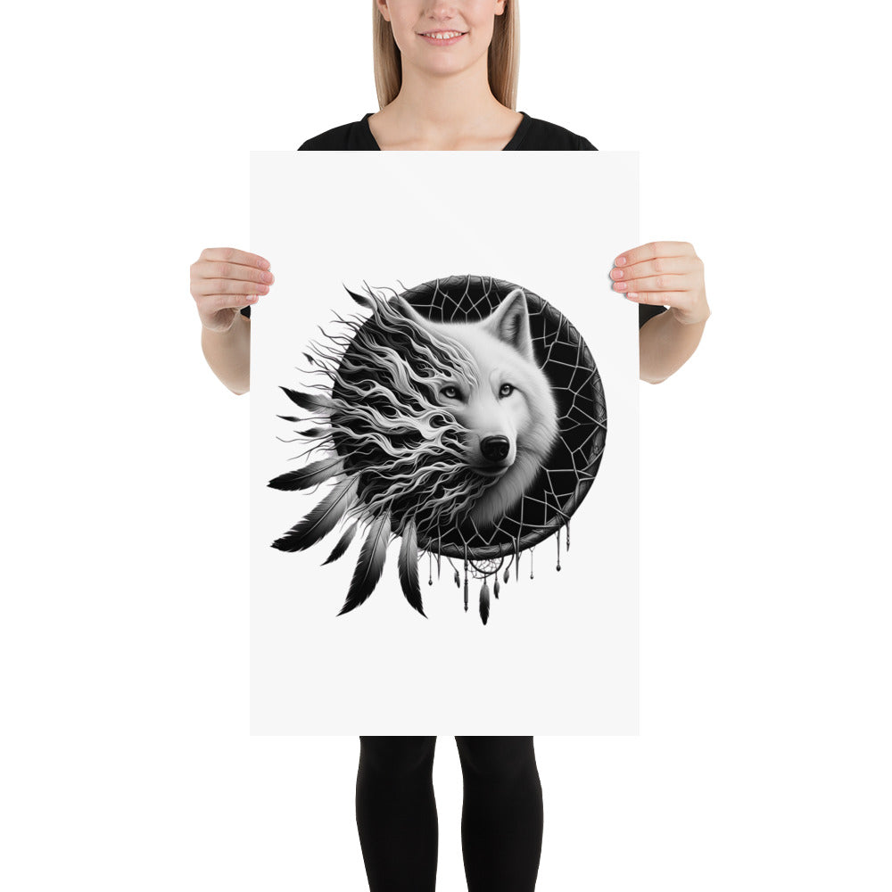 Dreamcatcher Wolf - Framed Poster Realistic Native American Talisman Mythology Graphic Design