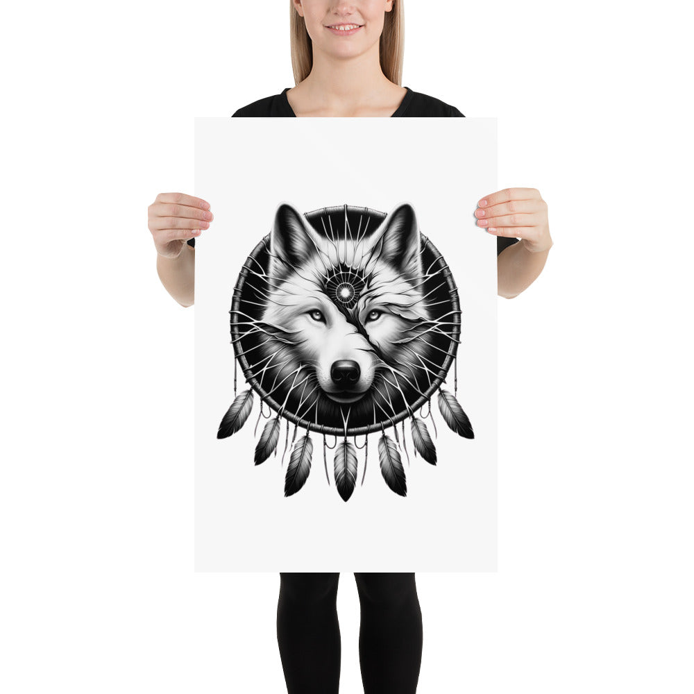 Dreamcatcher Wolf - Framed Poster Realistic Native American Talisman Mythology Graphic Design