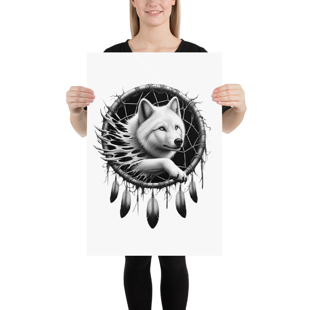 Dreamcatcher Wolf - Framed Poster Realistic Native American Talisman Mythology Graphic Design