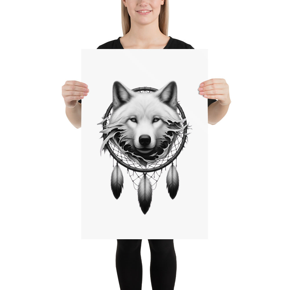 Dreamcatcher Wolf - Framed Poster Realistic Native American Talisman Mythology Graphic Design