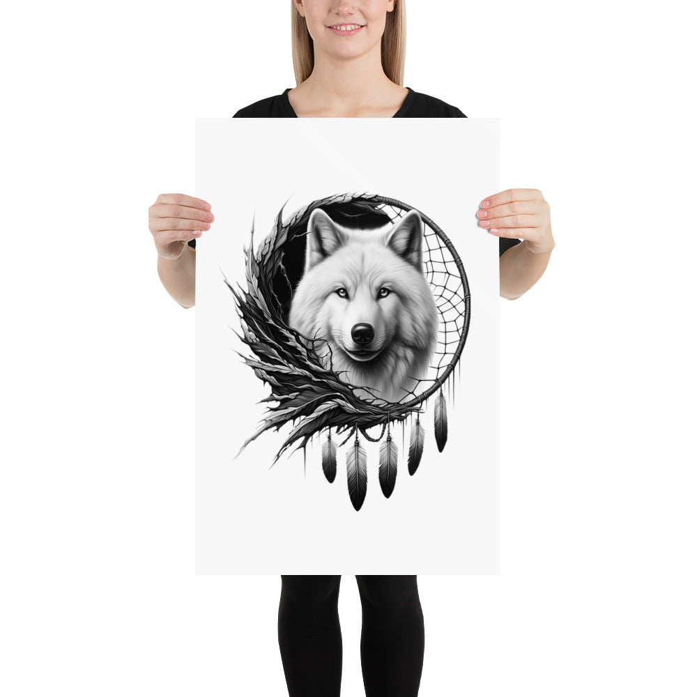 Dreamcatcher Wolf - Framed Poster Realistic Native American Talisman Mythology Graphic Design