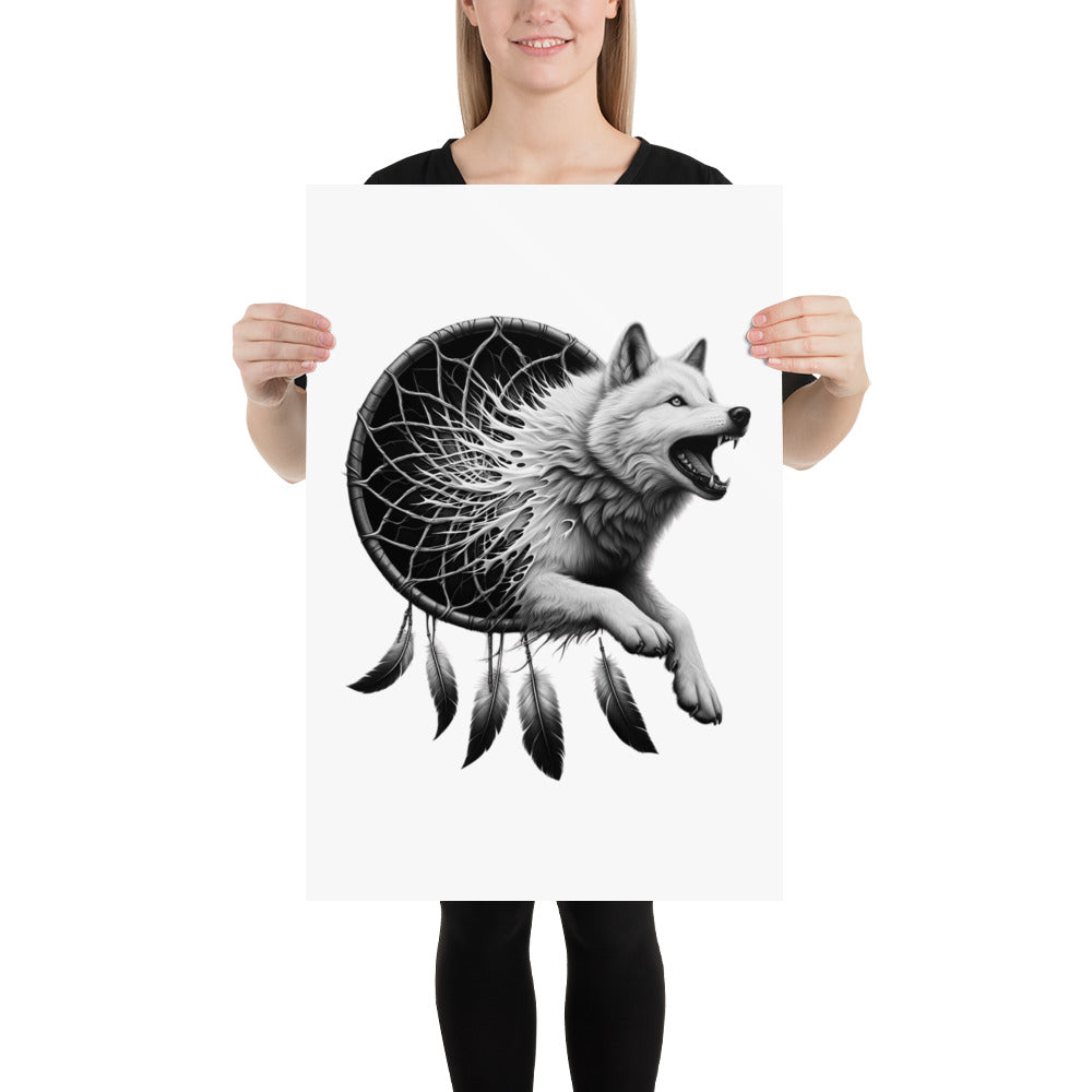 Dreamcatcher Wolf - Framed Poster Realistic Native American Talisman Mythology Graphic Design