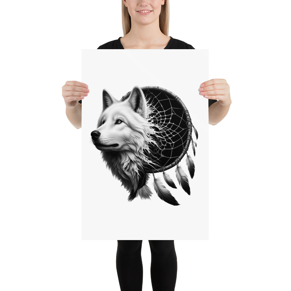 Dreamcatcher Wolf - Framed Poster Realistic Native American Talisman Mythology Graphic Design