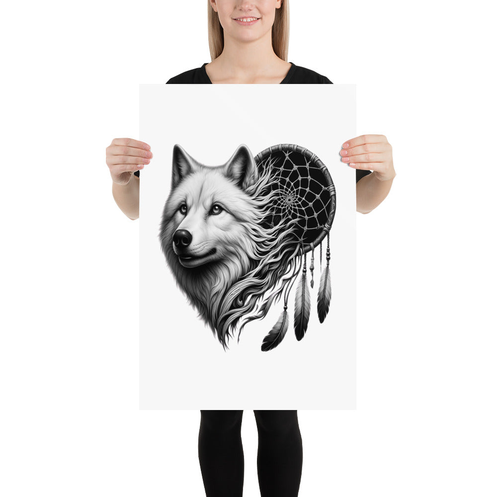 Dreamcatcher Wolf - Framed Poster Realistic Native American Talisman Mythology Graphic Design