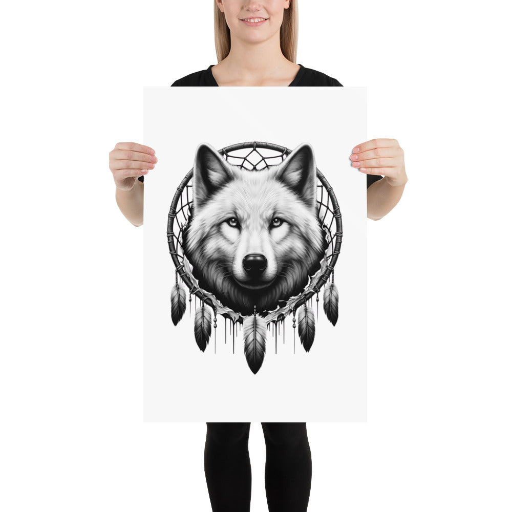 Dreamcatcher Wolf - Framed Poster Realistic Native American Talisman Mythology Graphic Design