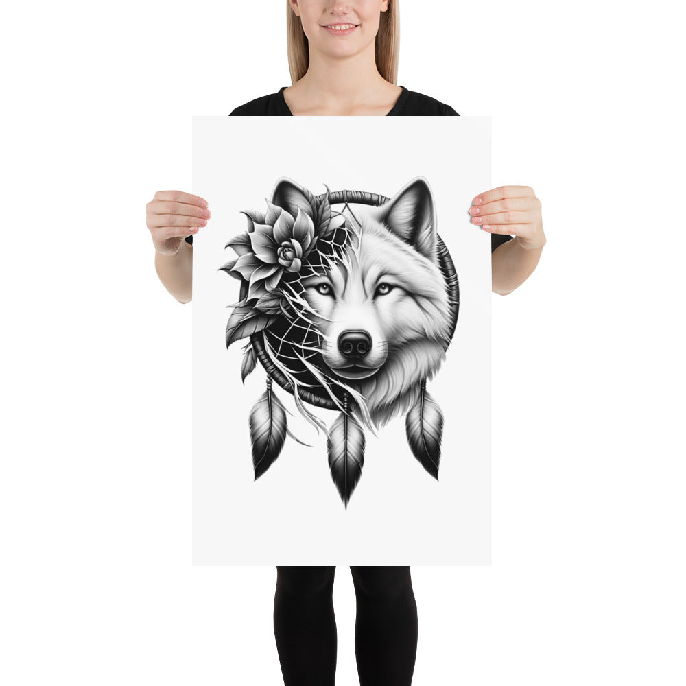 Dreamcatcher Wolf - Framed Poster Realistic Native American Talisman Mythology Graphic Design