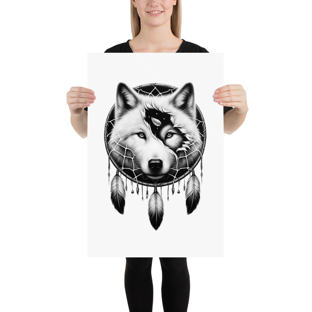 Dreamcatcher Wolf - Framed Poster Realistic Native American Talisman Mythology Graphic Design