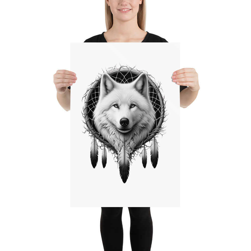 Dreamcatcher Wolf - Framed Poster Realistic Native American Talisman Mythology Graphic Design