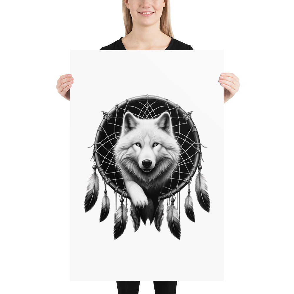 Dreamcatcher Wolf - Framed Poster Realistic Native American Talisman Mythology Graphic Design