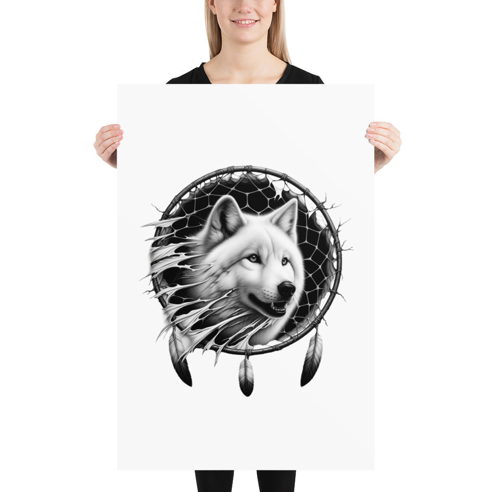 Dreamcatcher Wolf - Framed Poster Realistic Native American Talisman Mythology Graphic Design