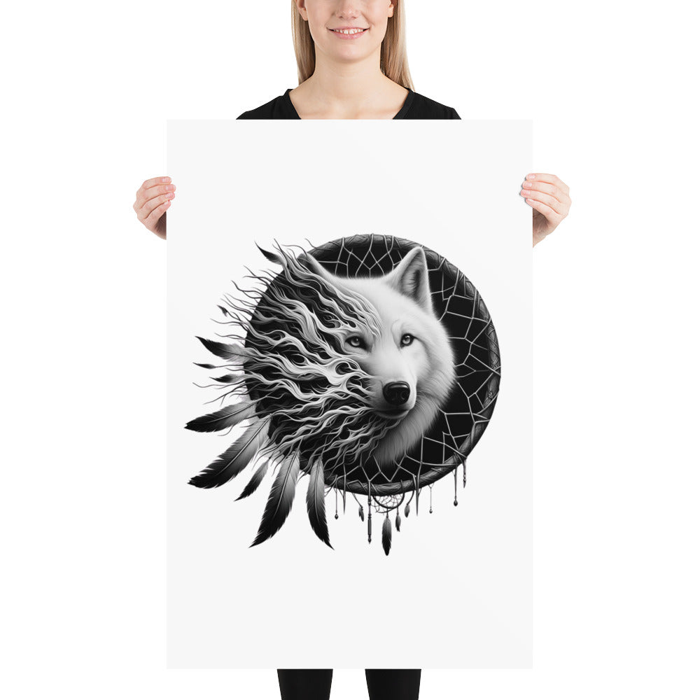 Dreamcatcher Wolf - Framed Poster Realistic Native American Talisman Mythology Graphic Design