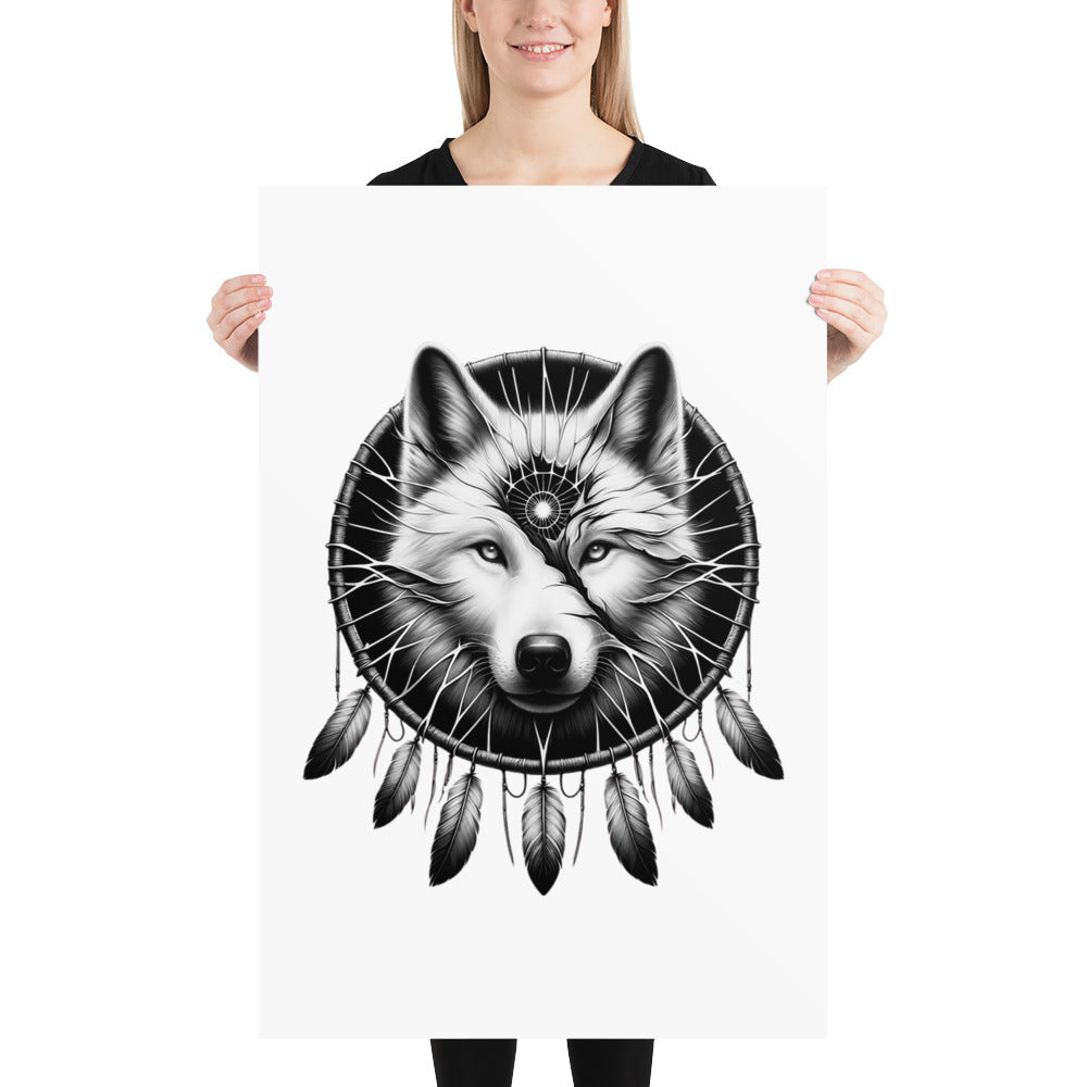 Dreamcatcher Wolf - Framed Poster Realistic Native American Talisman Mythology Graphic Design