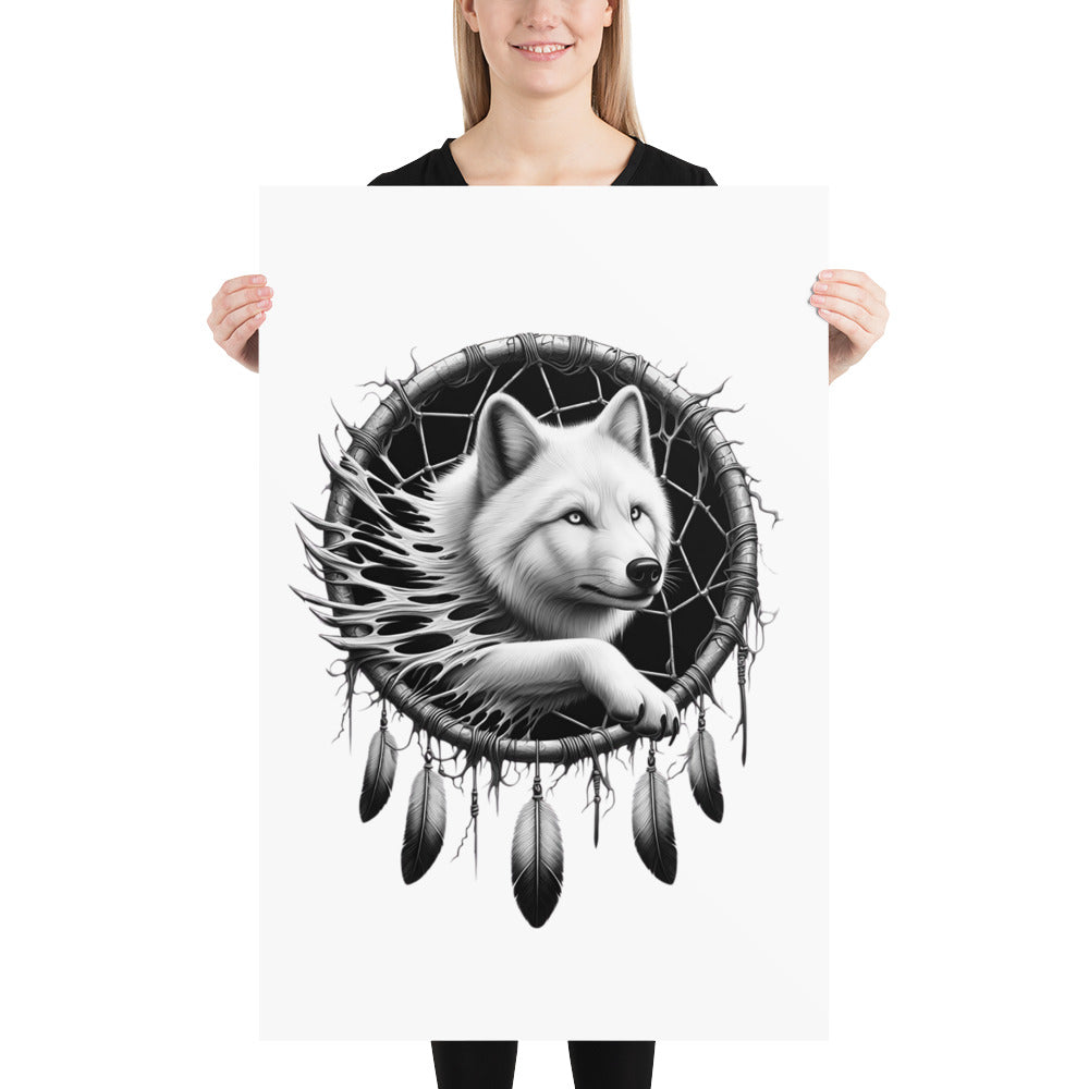 Dreamcatcher Wolf - Framed Poster Realistic Native American Talisman Mythology Graphic Design