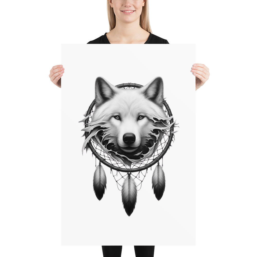 Dreamcatcher Wolf - Framed Poster Realistic Native American Talisman Mythology Graphic Design