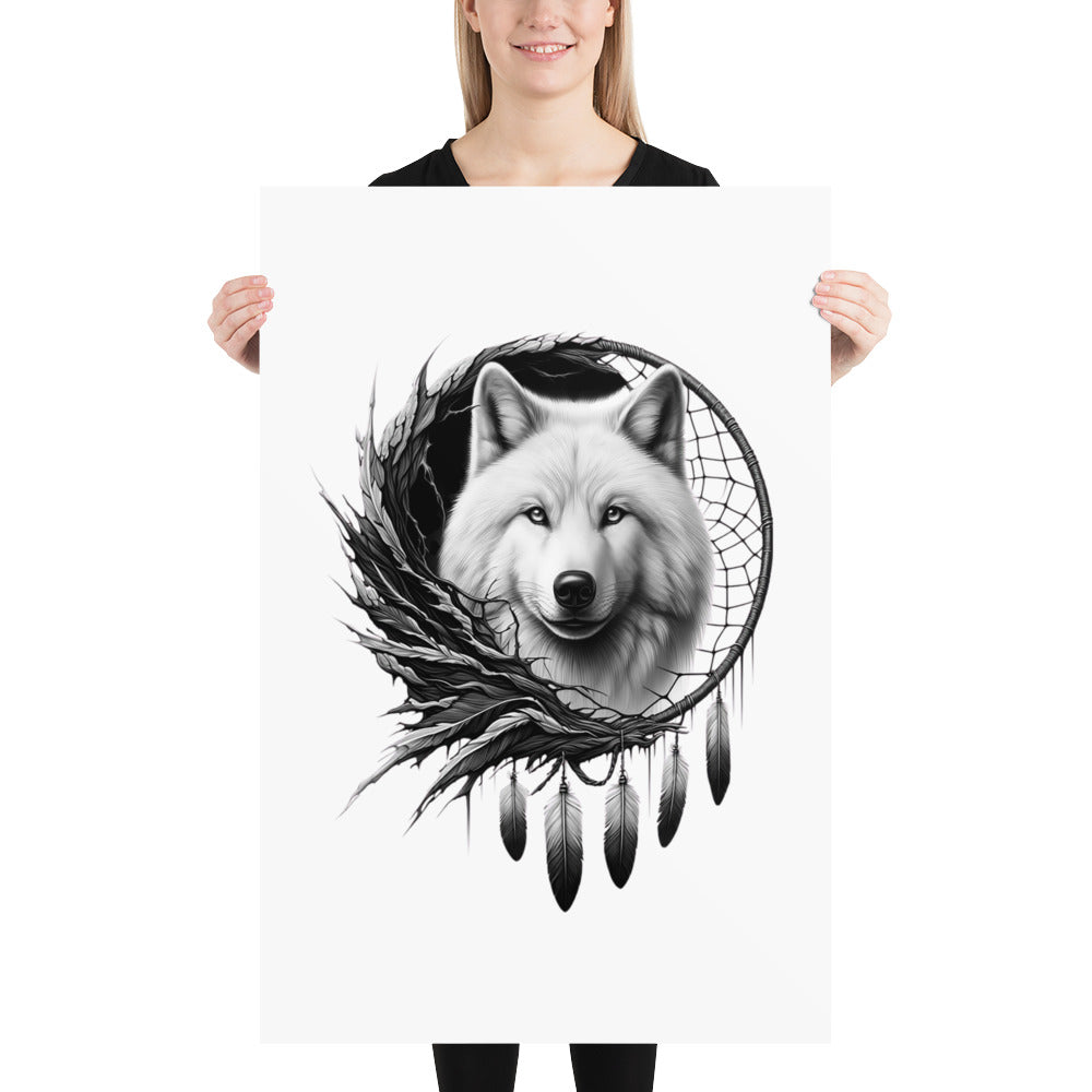 Dreamcatcher Wolf - Framed Poster Realistic Native American Talisman Mythology Graphic Design