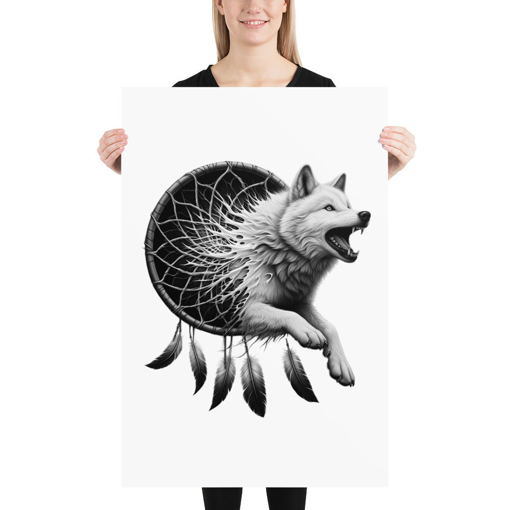 Dreamcatcher Wolf - Framed Poster Realistic Native American Talisman Mythology Graphic Design