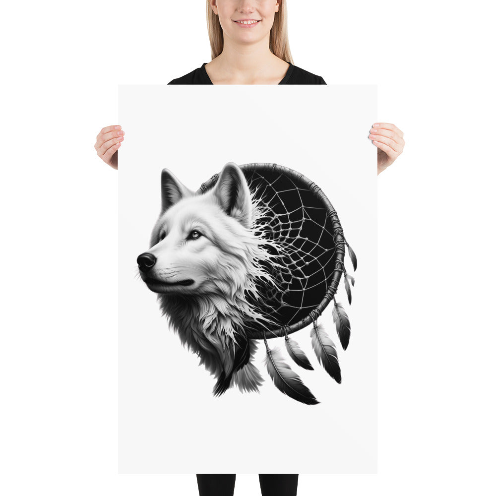 Dreamcatcher Wolf - Framed Poster Realistic Native American Talisman Mythology Graphic Design