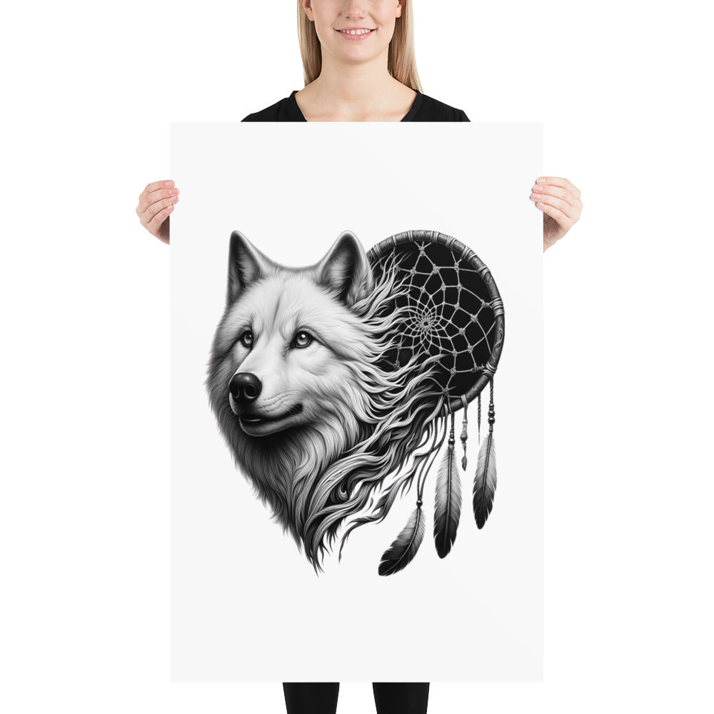 Dreamcatcher Wolf - Framed Poster Realistic Native American Talisman Mythology Graphic Design