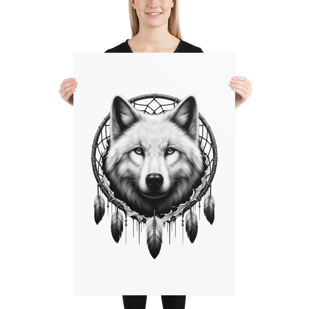 Dreamcatcher Wolf - Framed Poster Realistic Native American Talisman Mythology Graphic Design