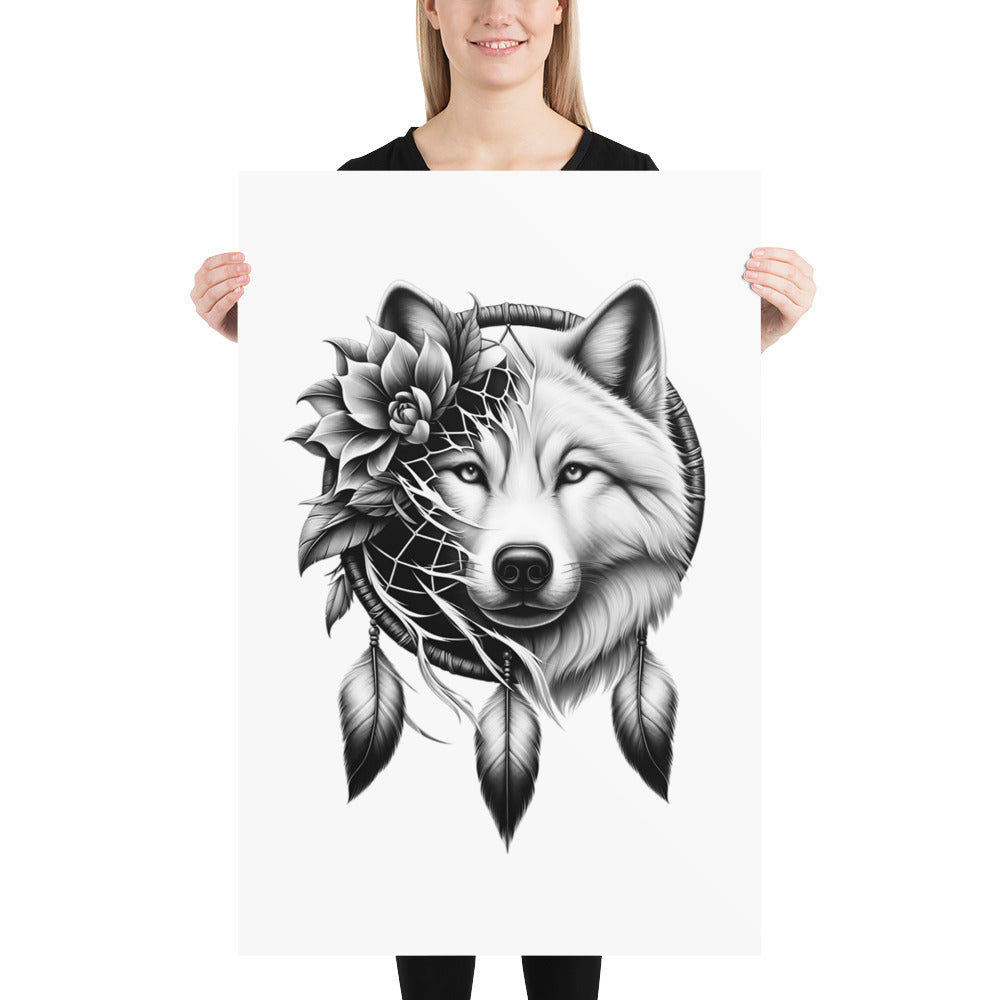 Dreamcatcher Wolf - Framed Poster Realistic Native American Talisman Mythology Graphic Design