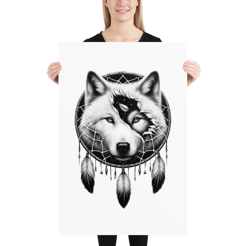 Dreamcatcher Wolf - Framed Poster Realistic Native American Talisman Mythology Graphic Design