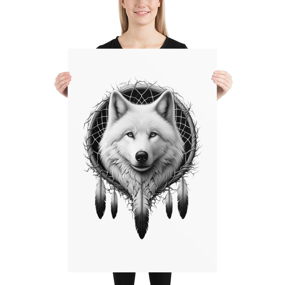 Dreamcatcher Wolf - Framed Poster Realistic Native American Talisman Mythology Graphic Design