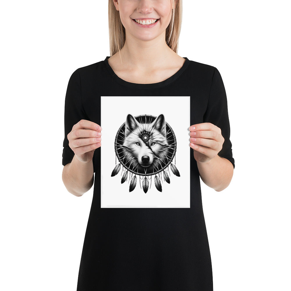 Dreamcatcher Wolf - Framed Poster Realistic Native American Talisman Mythology Graphic Design