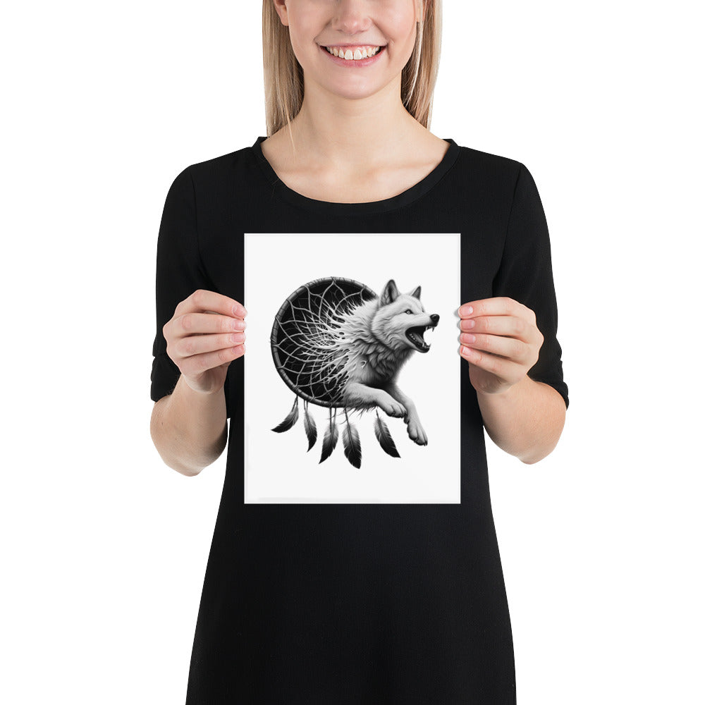 Dreamcatcher Wolf - Framed Poster Realistic Native American Talisman Mythology Graphic Design