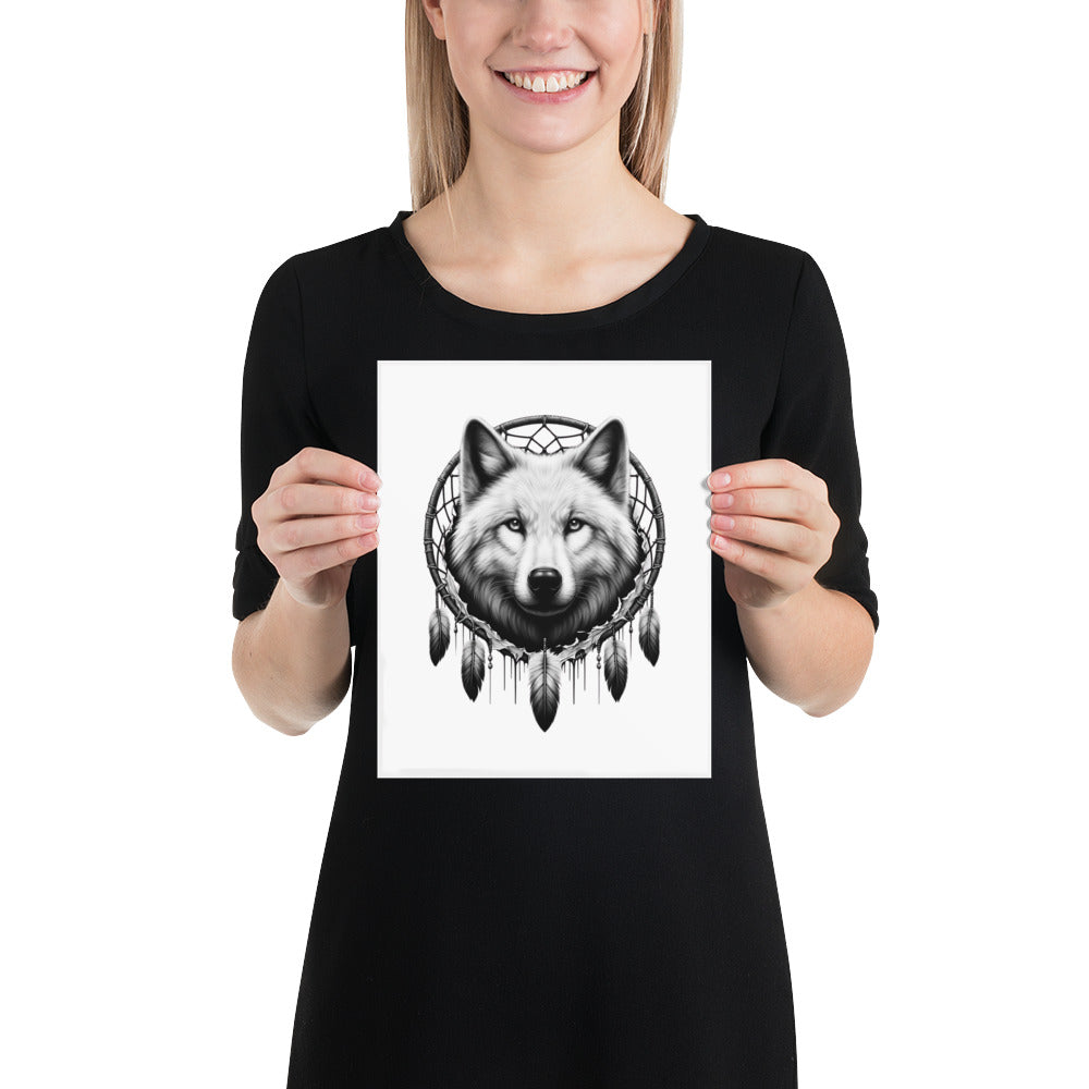 Dreamcatcher Wolf - Framed Poster Realistic Native American Talisman Mythology Graphic Design