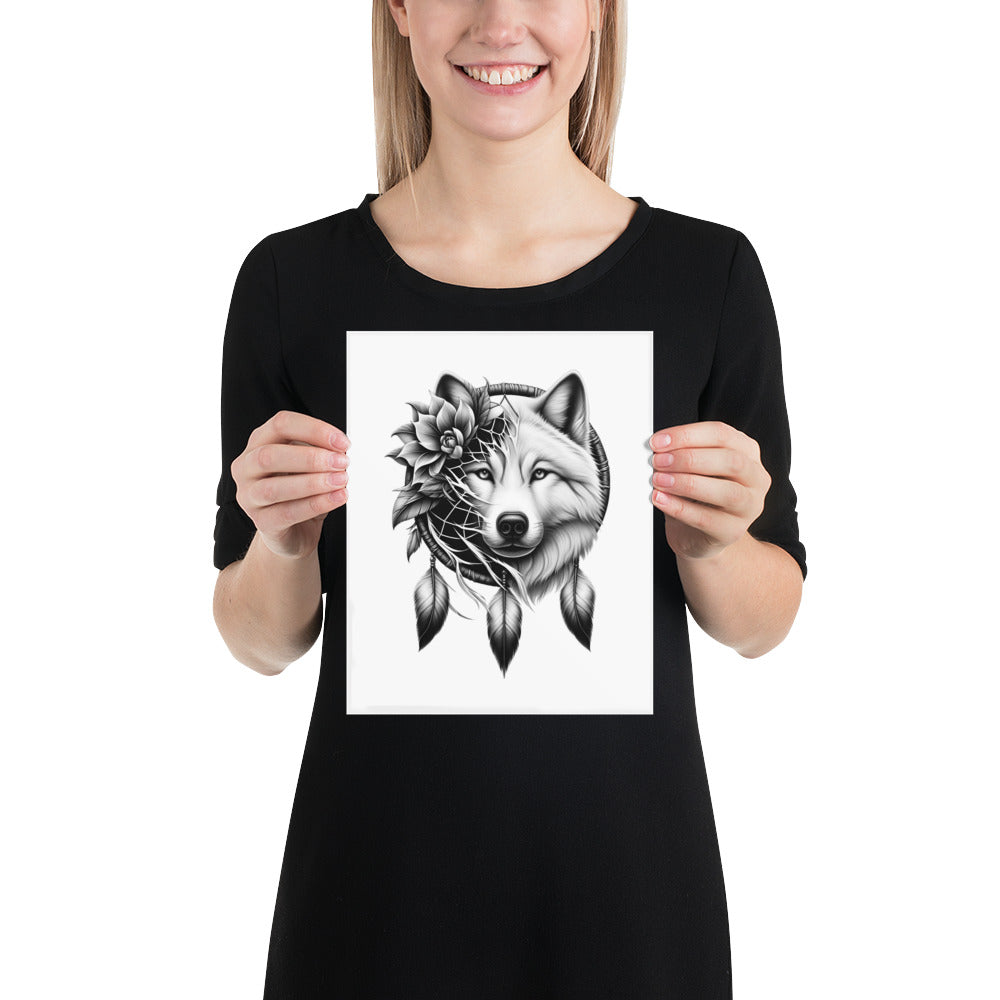 Dreamcatcher Wolf - Framed Poster Realistic Native American Talisman Mythology Graphic Design