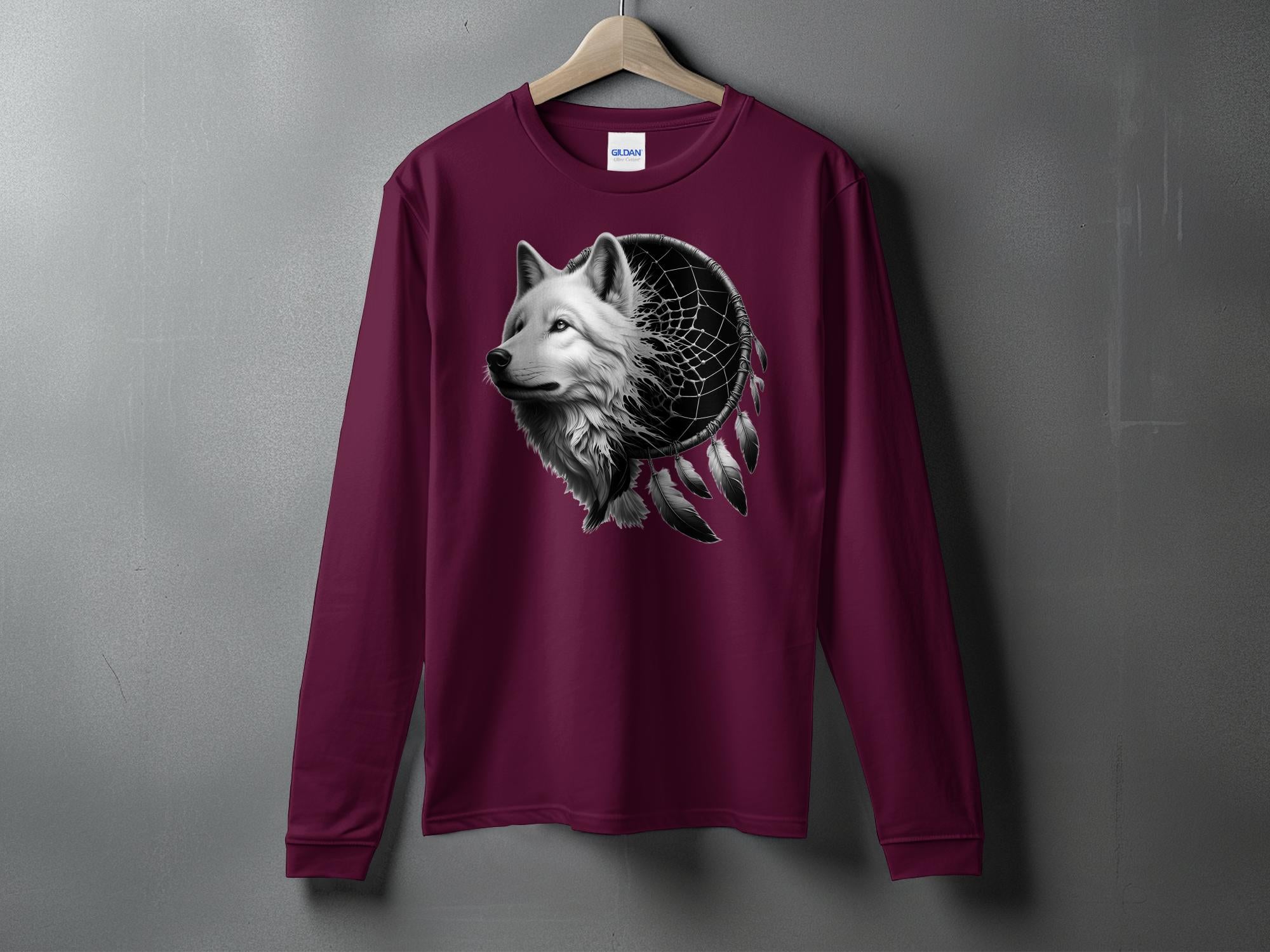 Dreamcatcher Wolf - Coloured Gildan Long Sleeve Realistic Native American Talisman Unisex Mythology Tee Graphic Design