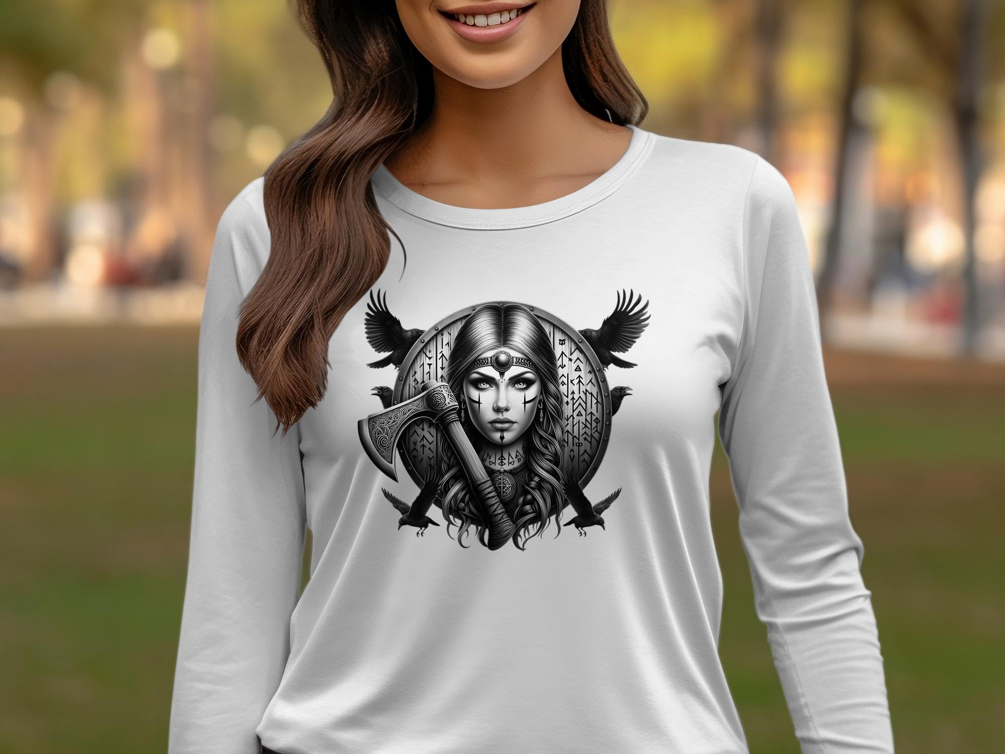 Viking Shield Maiden - Coloured Gildan Long Sleeve Realistic Norse Talisman Men Women Unisex Valhalla Tee Graphic Design