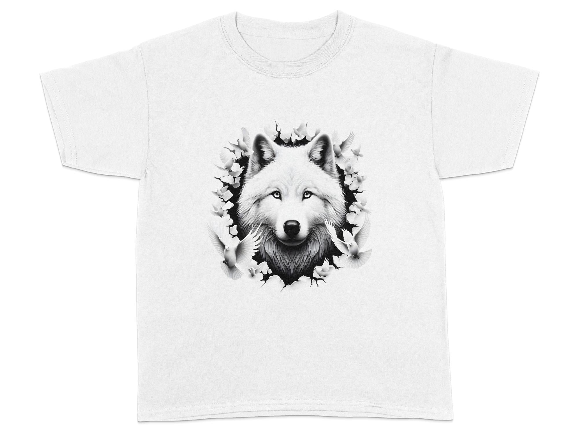 Wolf x Doves - Black White Gildan Kids T-Shirt Realistic Animal Talisman Unisex Tee Graphic Design