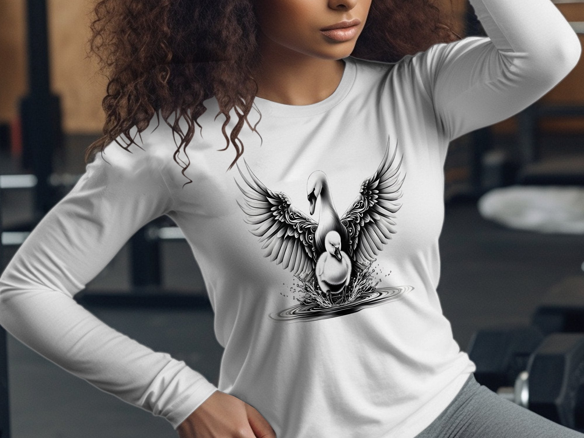 Swan & Cygnet- Black White Gildan Long Sleeve Realistic Family Talisman Unisex Tee Graphic Design