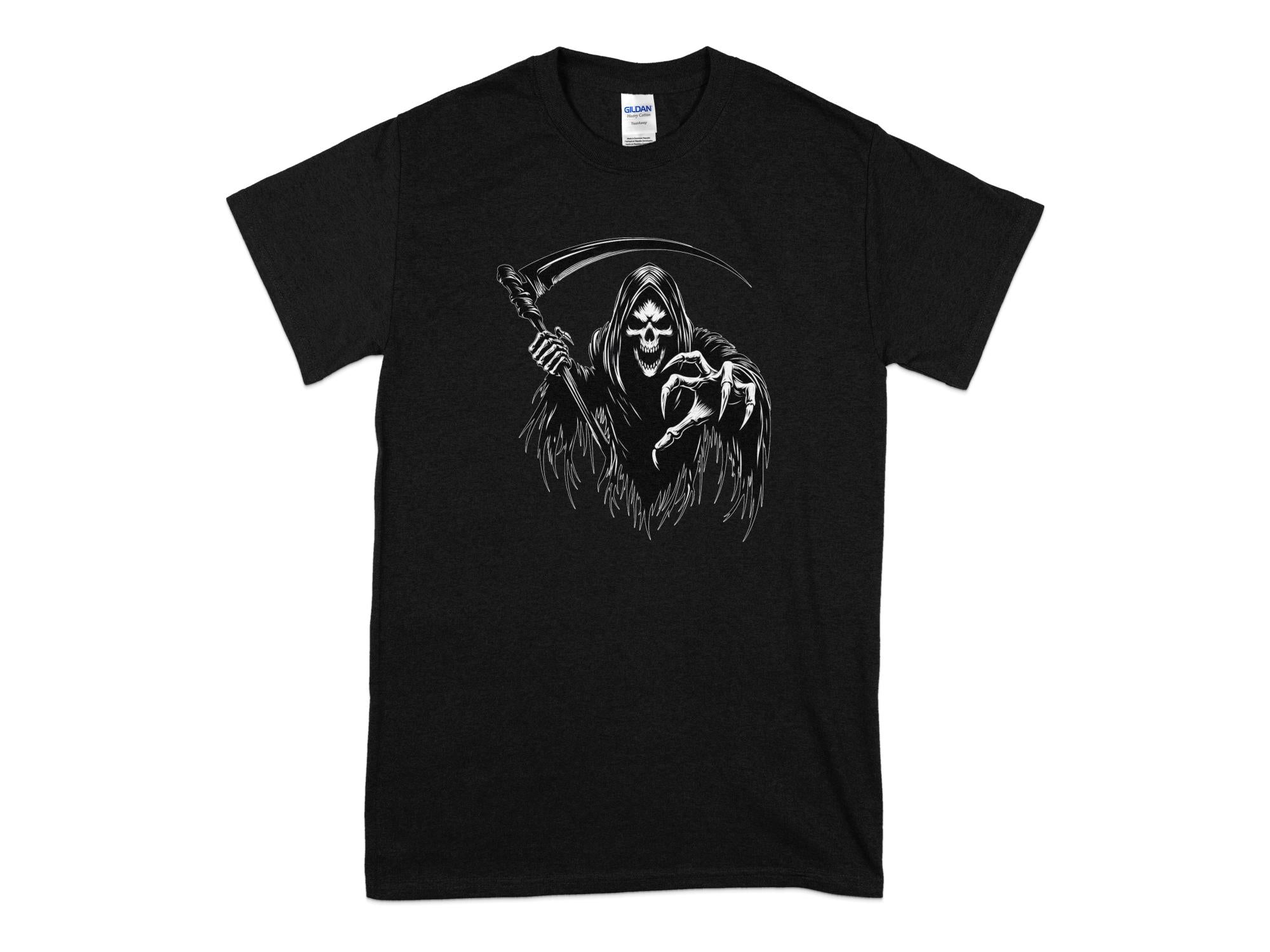 Grim Reaper - Black White Gildan T-Shirt Commemorative Talisman Unisex Tee Graphic Design