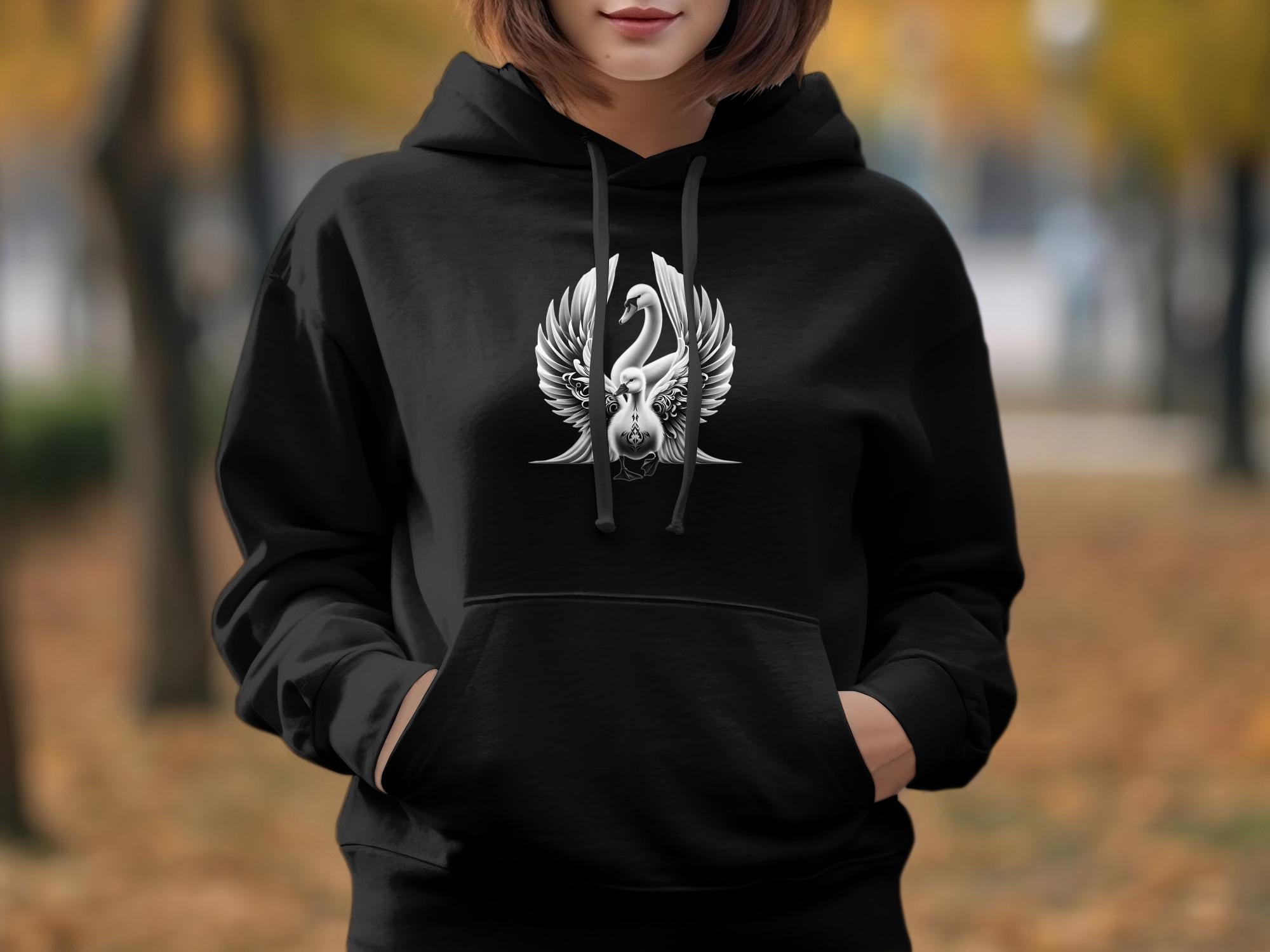 Swan & Cygnet- Black White Gildan Hoodie Realistic Family Talisman Unisex Tee Graphic Design