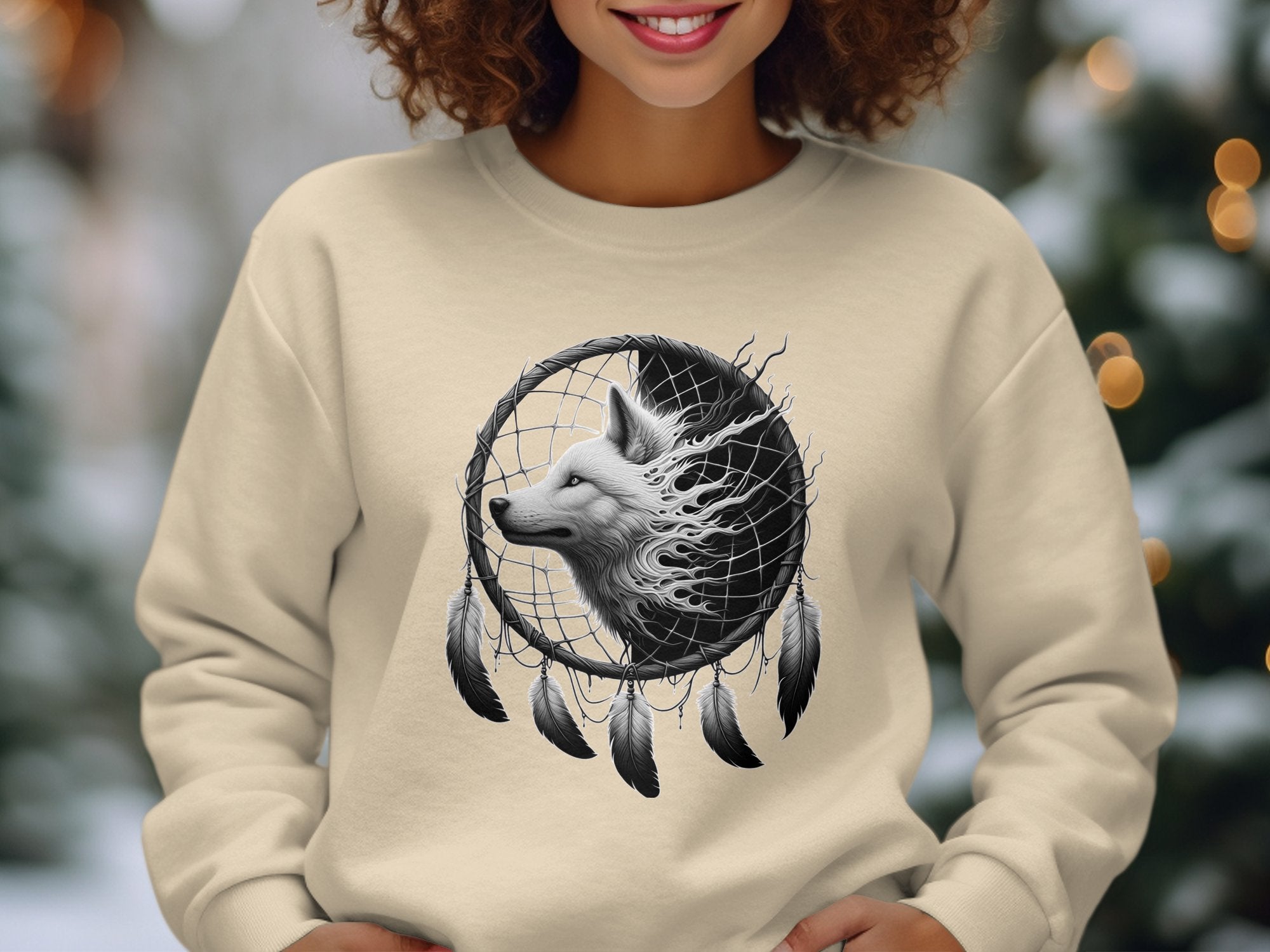 Dreamcatcher Wolf - Coloured Gildan Sweatshirt Realistic Native American Talisman Unisex Mythology Tee Graphic Design