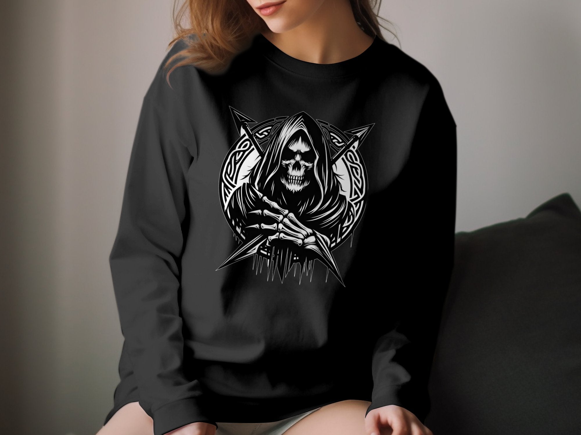 Grim Reaper - Black White Gildan Long Sleeve Commemorative Talisman Unisex Tee Graphic Design