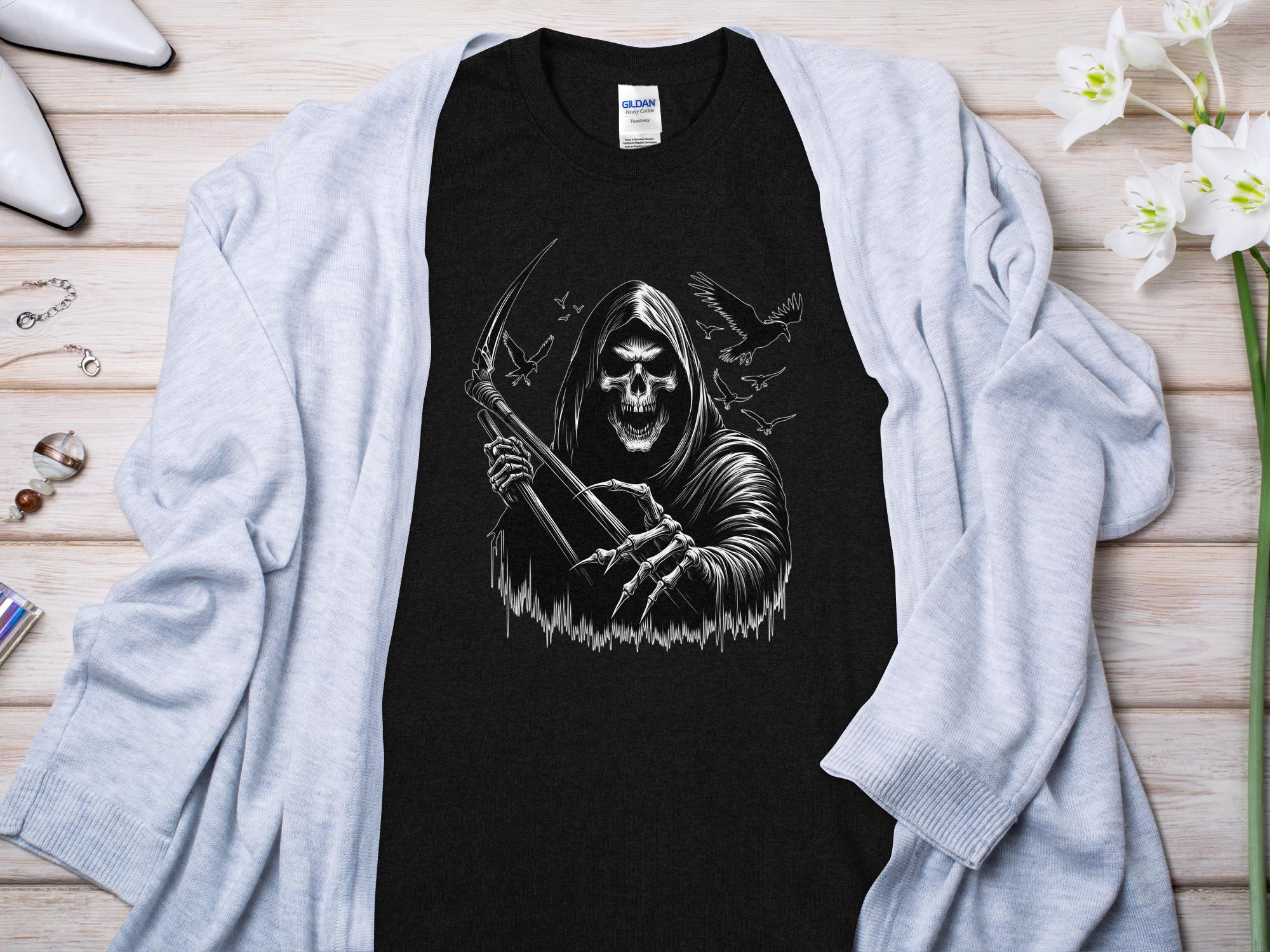 Grim Reaper - Black White Gildan T-Shirt Commemorative Talisman Unisex Tee Graphic Design