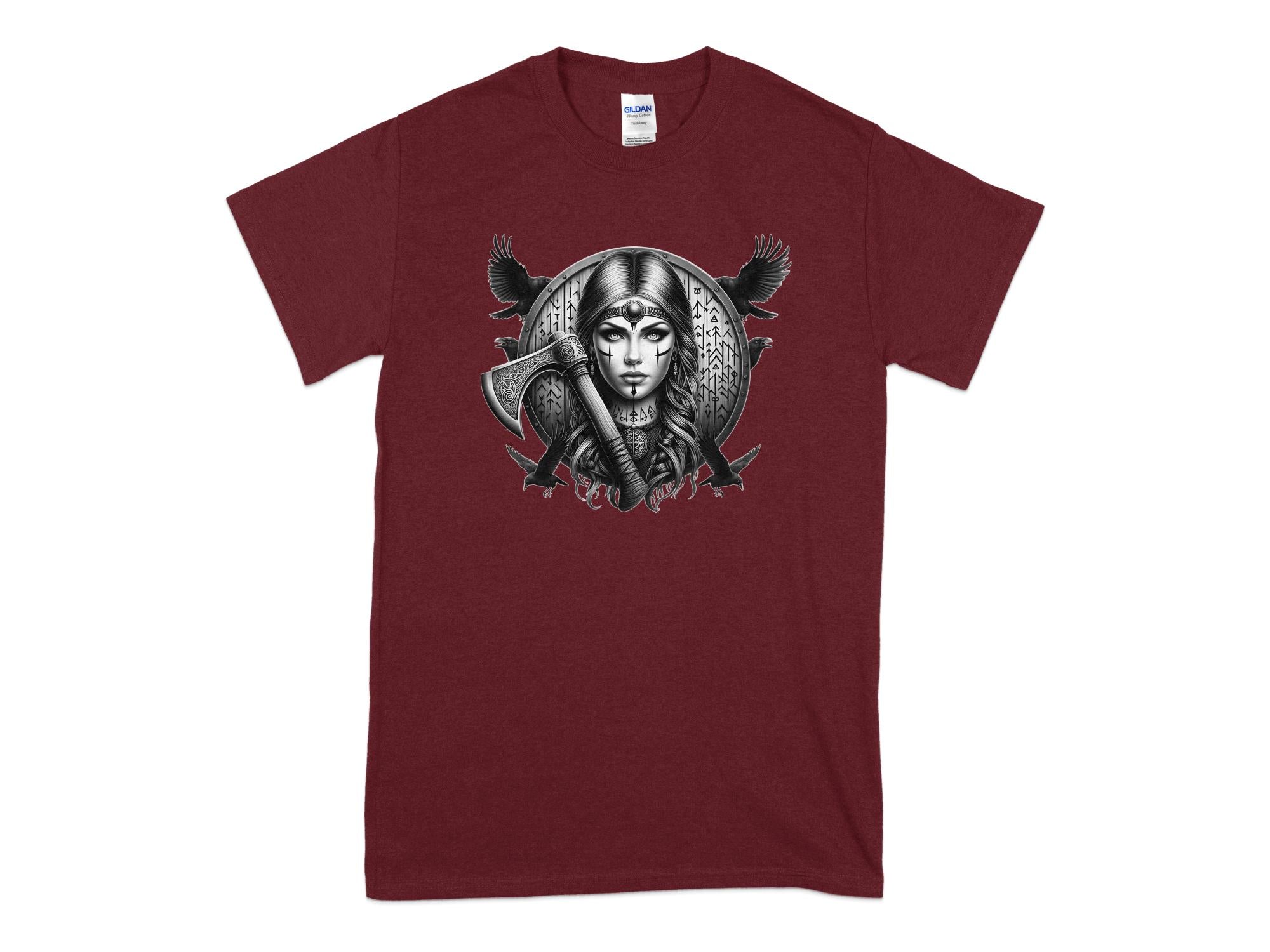 Viking Shield Maiden - Coloured Gildan T Shirt Realistic Norse Talisman Men Women Unisex Valhalla Tee Graphic Design