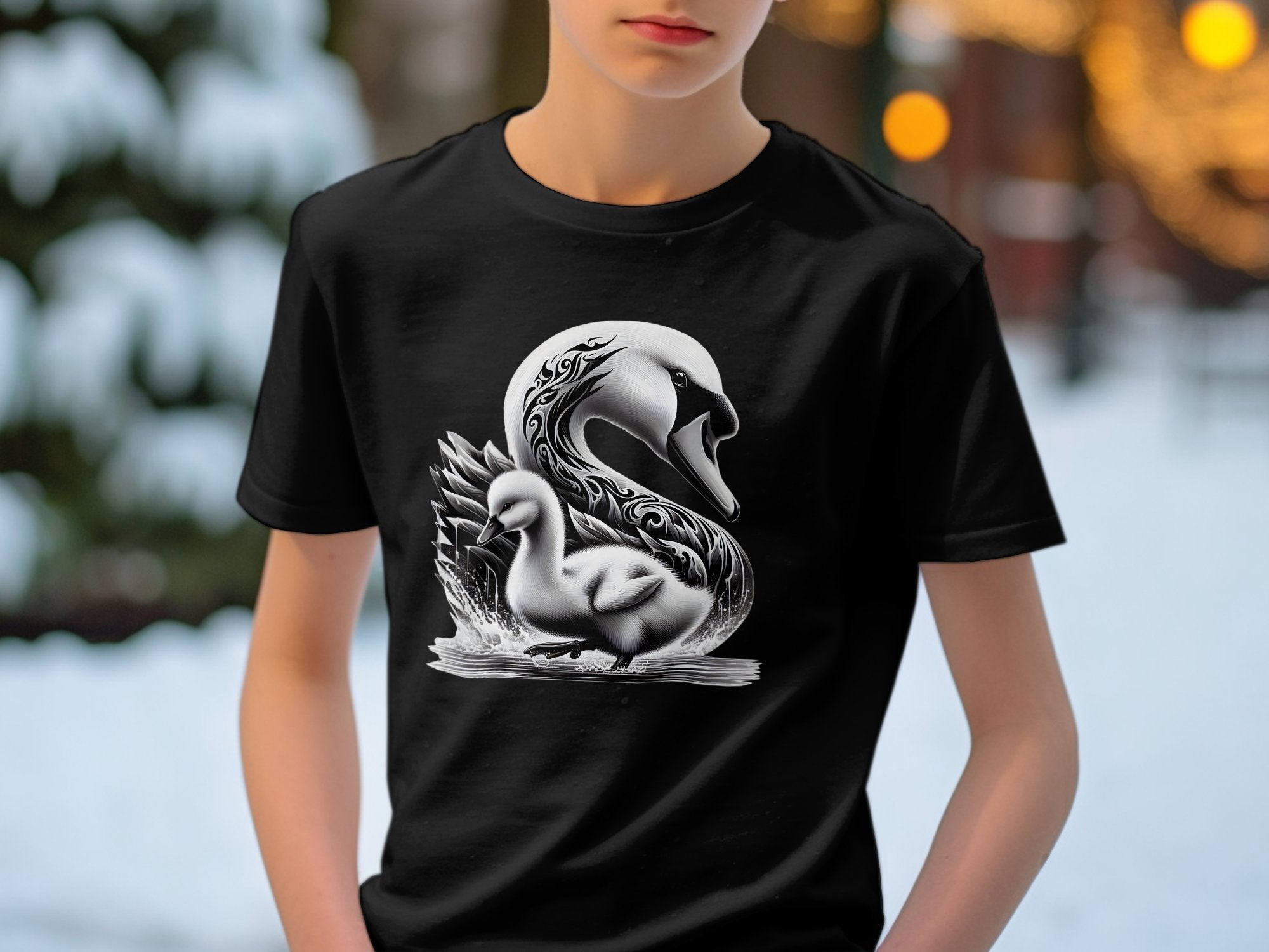 Swan & Cygnet- Black White Gildan Kids T-Shirt Realistic Family Talisman Unisex Tee Graphic Design