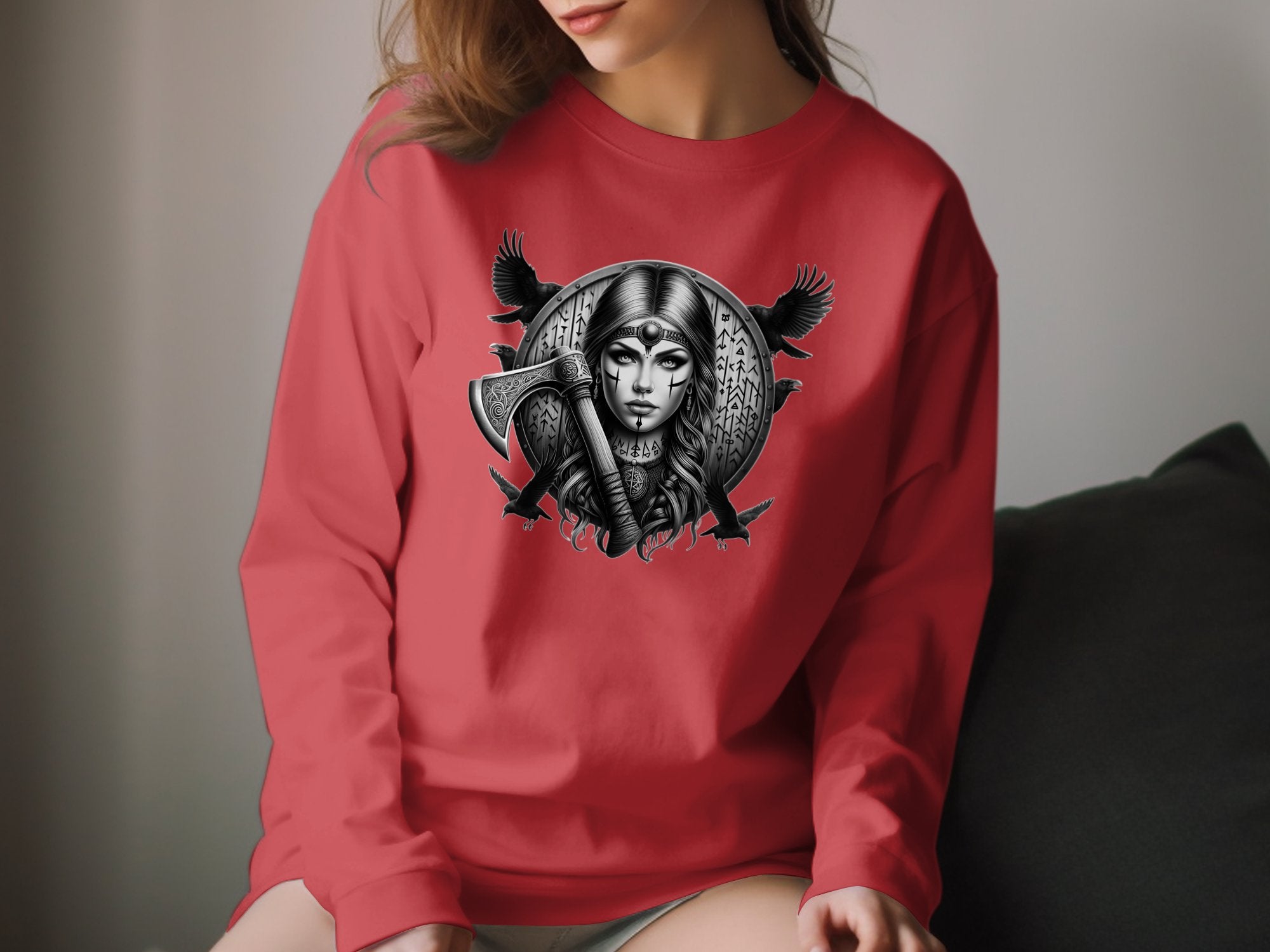 Viking Shield Maiden - Coloured Gildan Long Sleeve Realistic Norse Talisman Men Women Unisex Valhalla Tee Graphic Design