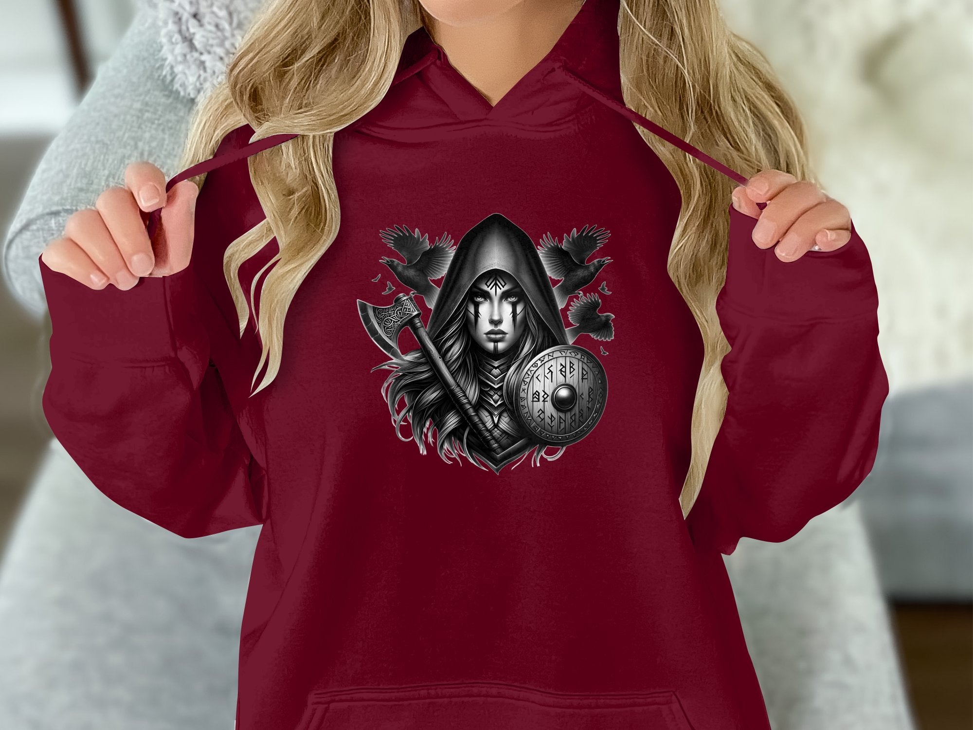 Viking Shield Maiden - Coloured Gildan Hoodie Realistic Norse Talisman Men Women Unisex Valhalla Tee Graphic Design