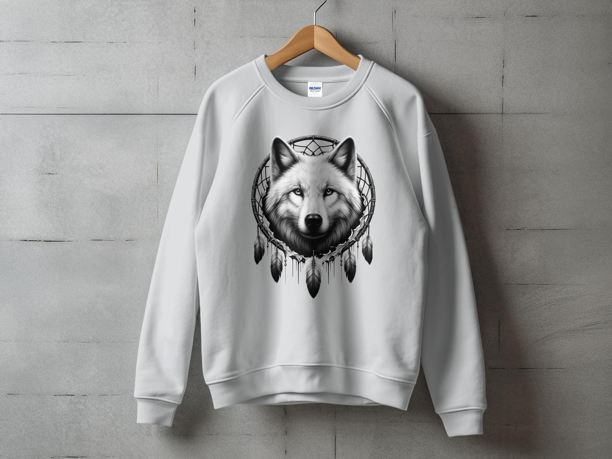 Dreamcatcher Wolf - Coloured Gildan Sweatshirt Realistic Native American Talisman Unisex Mythology Tee Graphic Design