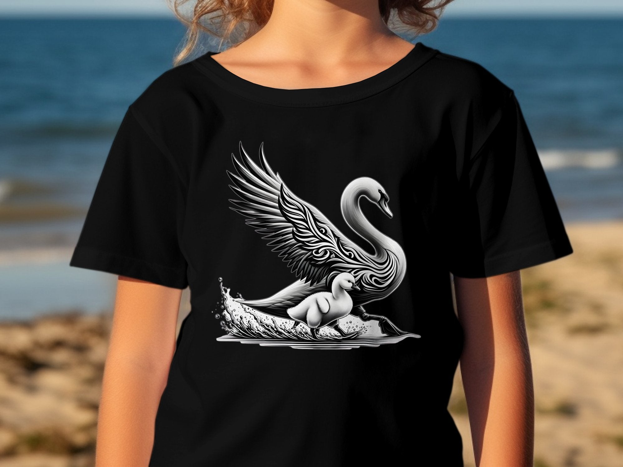 Swan & Cygnet- Black White Gildan Kids T-Shirt Realistic Family Talisman Unisex Tee Graphic Design