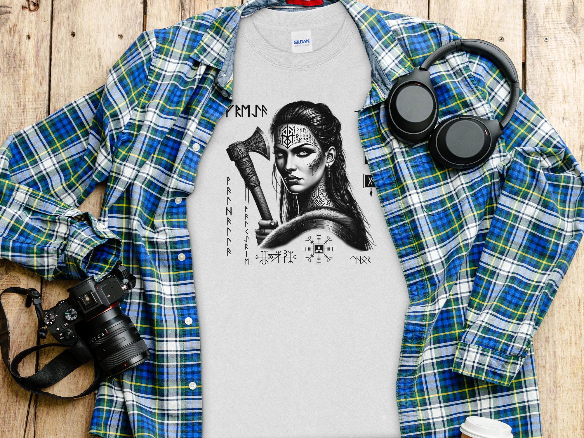 Viking Shield Maiden - Coloured Gildan Long Sleeve Realistic Norse Talisman Men Women Unisex Valhalla Tee Graphic Design