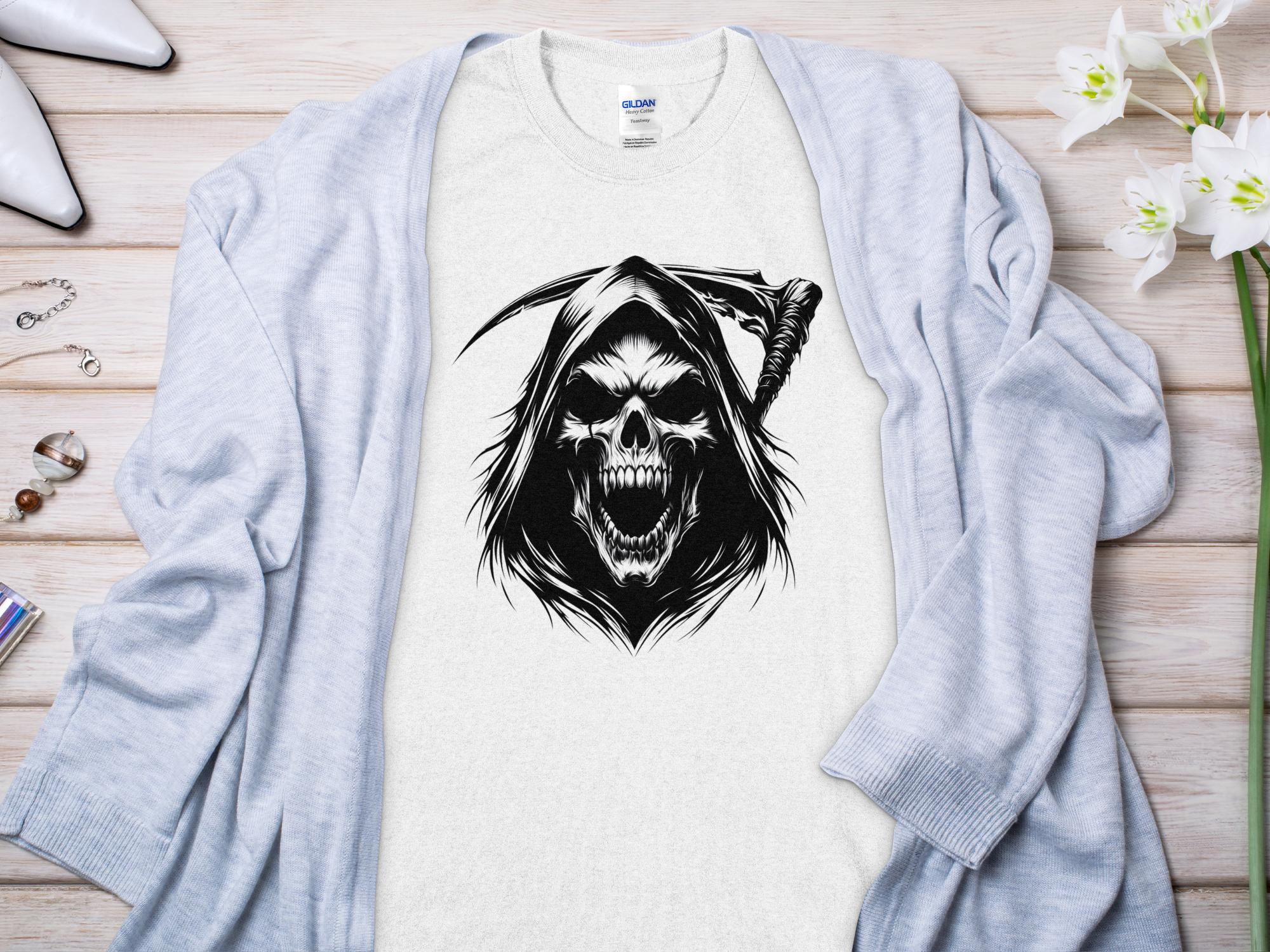 Grim Reaper - Black White Gildan T-Shirt Commemorative Talisman Unisex Tee Graphic Design