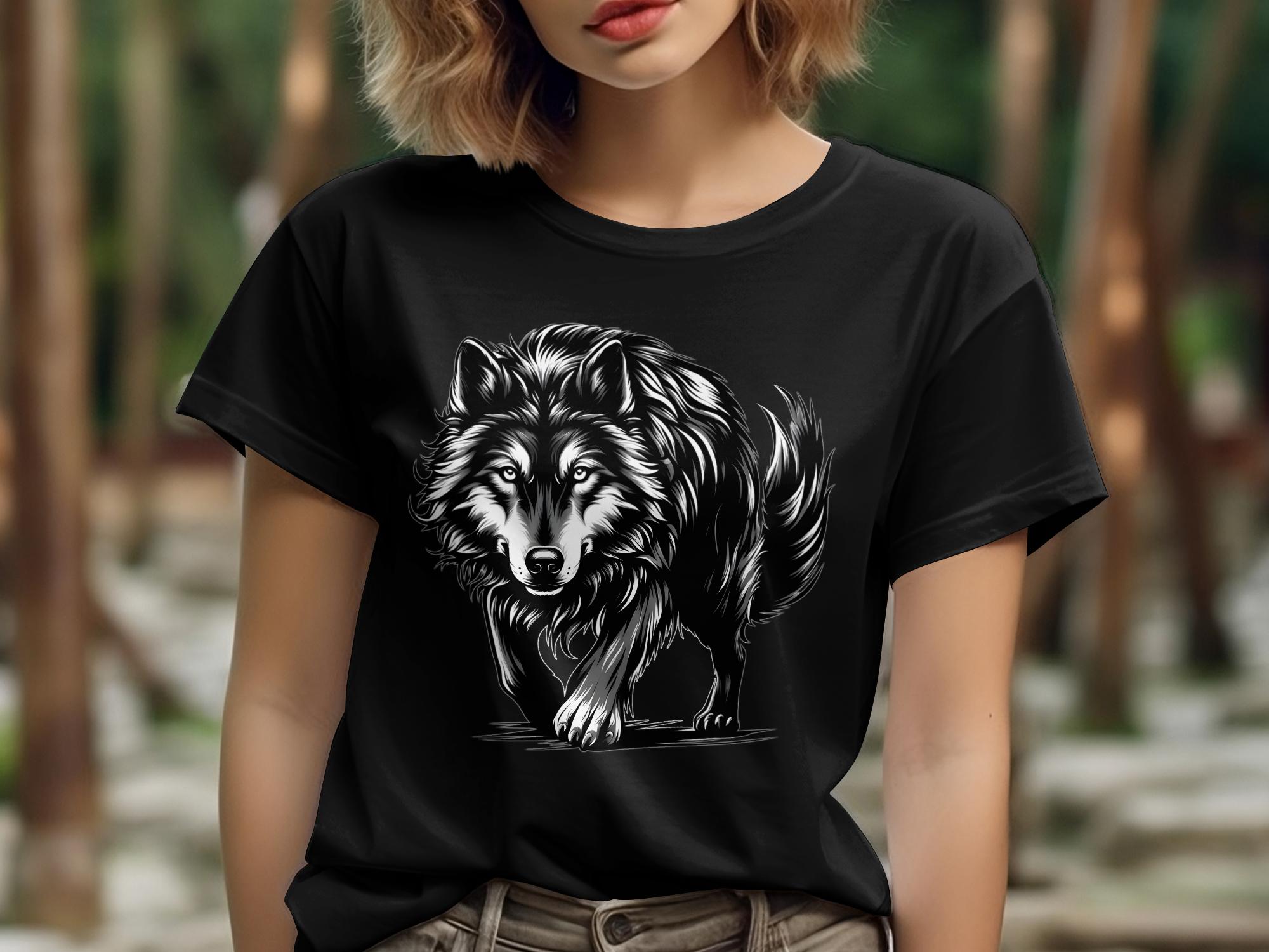 Wolf Tribal - Black White Gildan T-Shirt Realistic Animal Talisman Unisex Tee Graphic Design