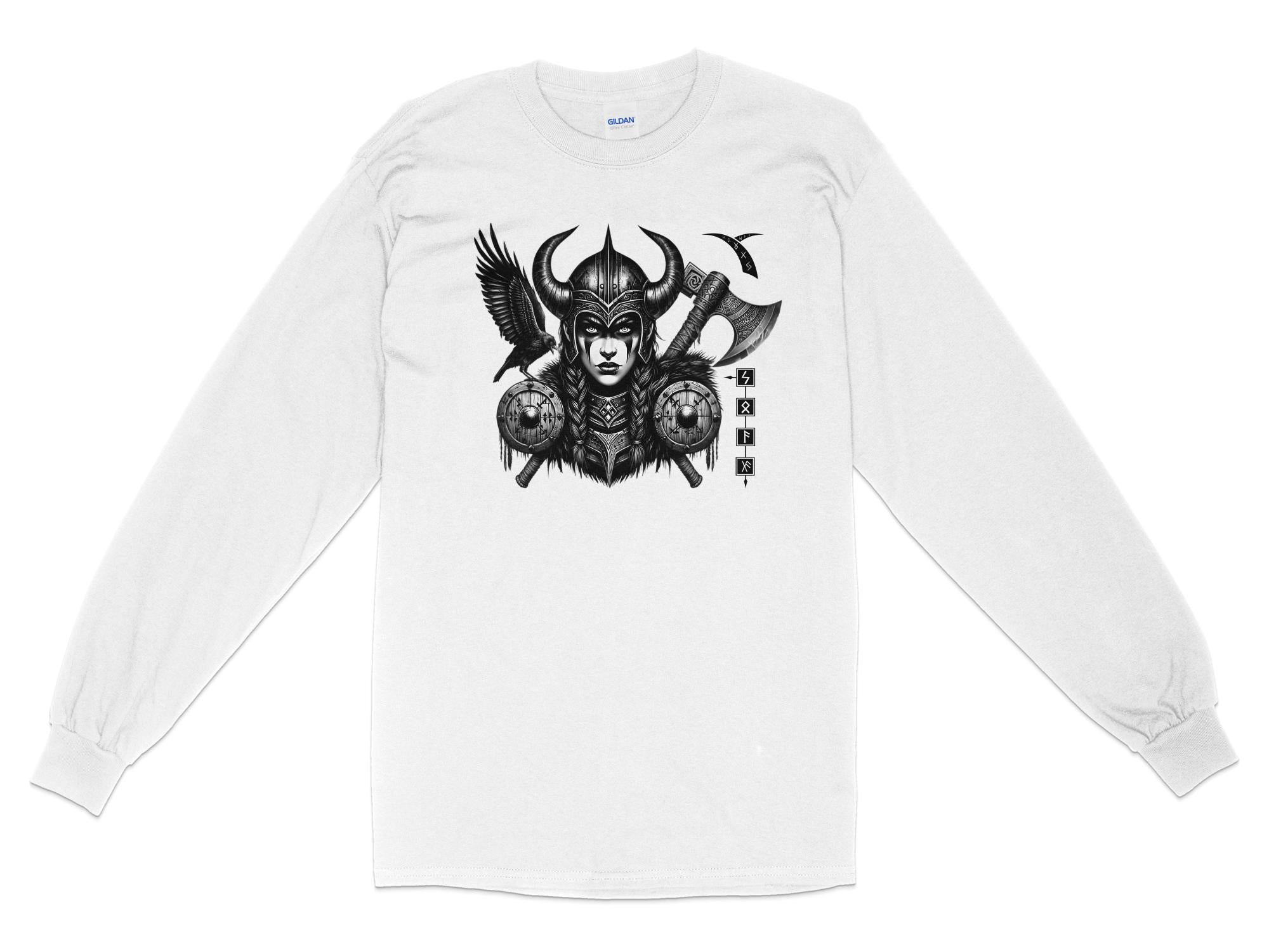 Viking Shield Maiden - Coloured Gildan Long Sleeve Realistic Norse Talisman Men Women Unisex Valhalla Tee Graphic Design