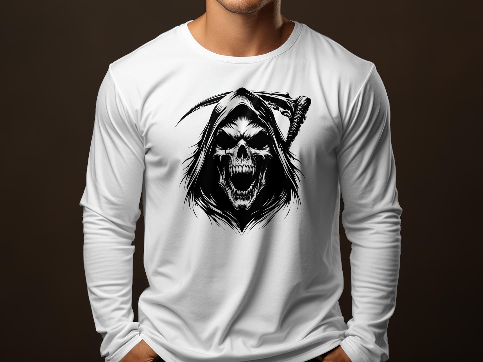 Grim Reaper - Black White Gildan Long Sleeve Commemorative Talisman Unisex Tee Graphic Design